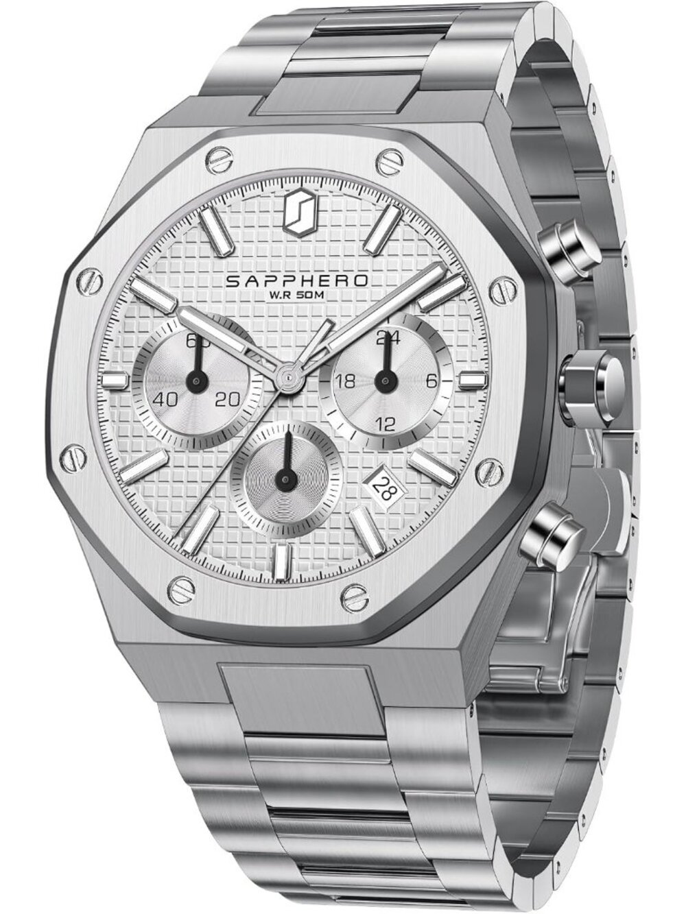 Mens Silver Strap Silver White Stainless Steel Octagonal Date Quartz Watch